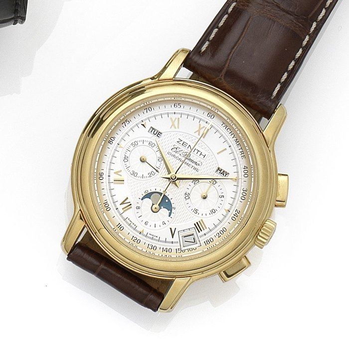 Zenith. An 18K gold automatic triple calendar chronograph wristwatch with moon phase El Primero ChronoMaster, Ref:30.0240.410, Movement No.23169, Circa 1995