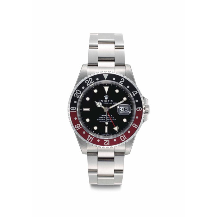 Rolex. A Rare Stainless Steel Automatic Dual Time Wristwatch with Centre Seconds, Date and Bracelet Signed Rolex, Oyster Perpetual, GMT-Master II, Retailed by Tiffany & Co., Ref. 16710, Case No. N'275'993, Circa 1991