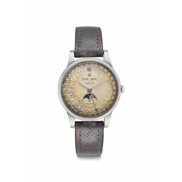 Rolex. An Extremely Rare and Fine Stainless Steel Automatic Triple Calendar Wristwatch with Moon Phases and Tropical Dial Signed Rolex, Perpetual, Precision, Ref. 8171, Movement No. 56'924, Case No. 686'258, Circa 1951