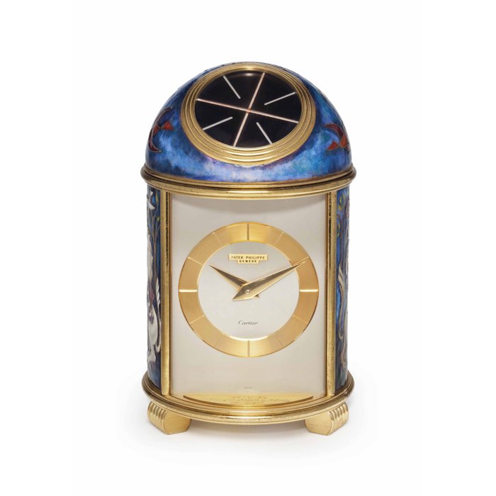 Patek Philippe, A Fine and Unique Gilt Brass and Enamel Solar-Powered Table Clock, Enamel by Luce Chappaz, One of Two Known Dome Clocks to be Retailed by Cartier Signed Patek Philippe, Genève, Retailed by Cartier, "La Dame à la Licorne", Ref. 1784, Movement No. 874'180, Case marked 17629-2, Manufactured in 1968