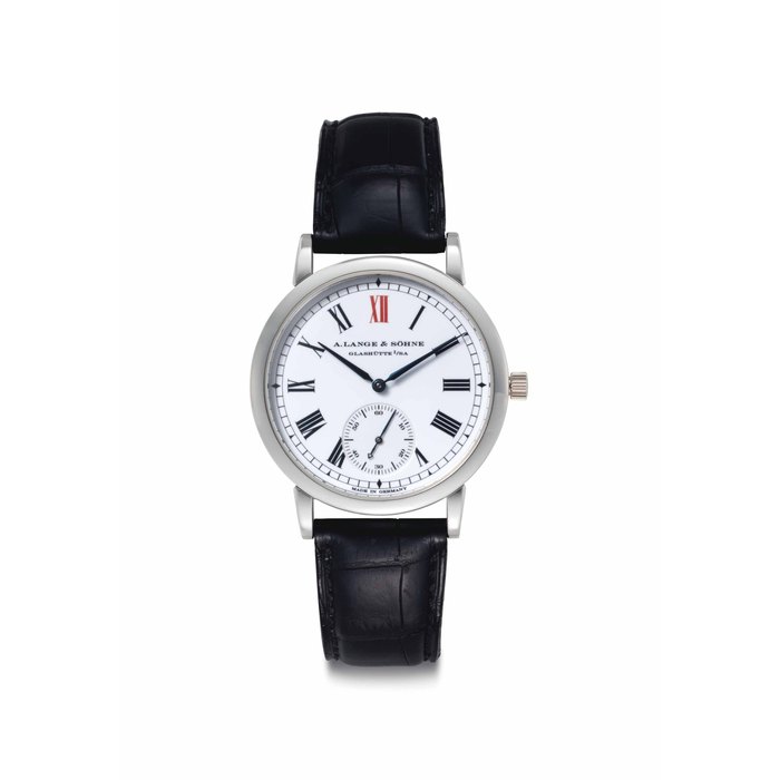  A. Lange & Söhne. A Fine and Rare Platinum Limited Edition Automatic Wristwatch with Enamel Dial Signed A. Lange & Söhne, Glashütte I/SA, Anniversary Langematik Model, No. 196/500, Ref. 305'025, Movement No. 22'131, Case No. 132'196, Manufactured in 2001, Price & Market Data