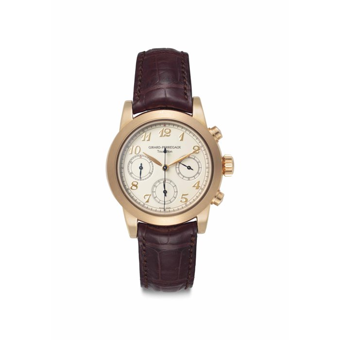 Girard-Perregaux. A Fine and Rare 18k Pink Gold Three Gold Bridges Tourbillon Chronograph Wristwatch with Breguet Numerals Signed Girard-Perregaux, Tourbillon with Three Gold Bridges, Chronograph Model, No. 5, Circa 2012