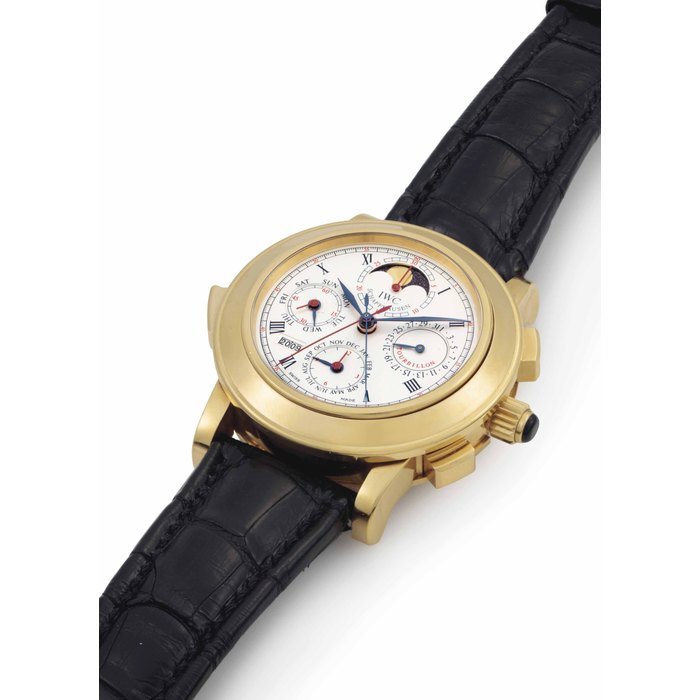 IWC. A Very Rare, Fine and Large 18k Gold Limited Edition Perpetual Calendar Minute Repeating Split Second Chronograph Tourbillon Wristwatch with Digital Year Display and Moon Phases Signed International Watch Co., Schaffhausen, Il Destriero Scafusia Model, No. 112/125, Ref. 1868, Movement No. 2500118, Case No. 2537002, Circa 1993