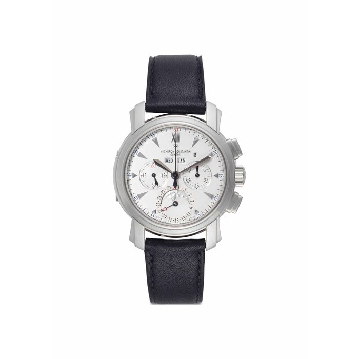 Vacheron Constantin. A Very Fine and Large Platinum Perpetual Calendar Chronograph Wristwatch with Moon Phases Signed Vacheron Constantin, Genève, Malte Chronograph Perpetual Calendar Model, Ref. 47112, Movement No. 879'795, Case No. 733'554, Manufactured in 2001