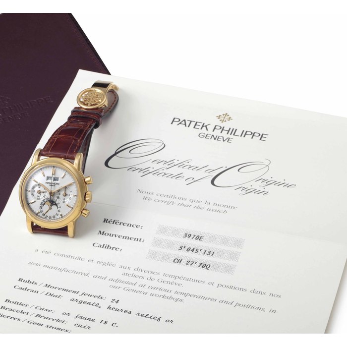 Patek Philippe. A Very Rare and Attractive 18k Gold Perpetual Calendar Chronograph Wristwatch with Moon Phases Signed Patek Philippe, Genève, Ref. 3970EJ, Fourth Series, Movement No. 3'045'131, Case No. 2'945'292, Manufactured in 1994