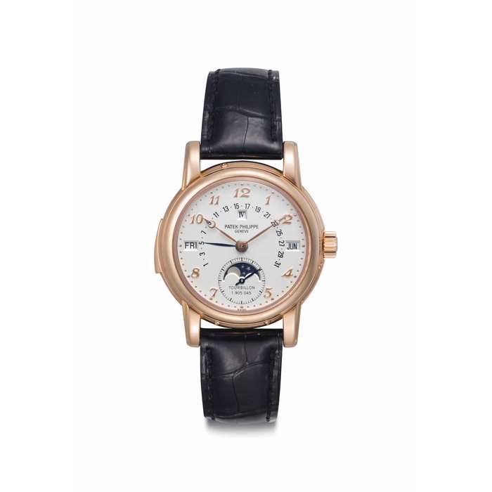 Patek Philippe. An Extremely Fine, Rare and Important 18k Pink Gold Perpetual Calendar Minute Repeating Tourbillon Wristwatch with Breguet Numerals, Retrograde Date, Moon Phases and Additional Solid Case Back Signed Patek Philippe, Genève, Tourbillon, Ref, 5016R, Movement No. 1'905'045, Case No. 2'972'560, Manufactured in 1998