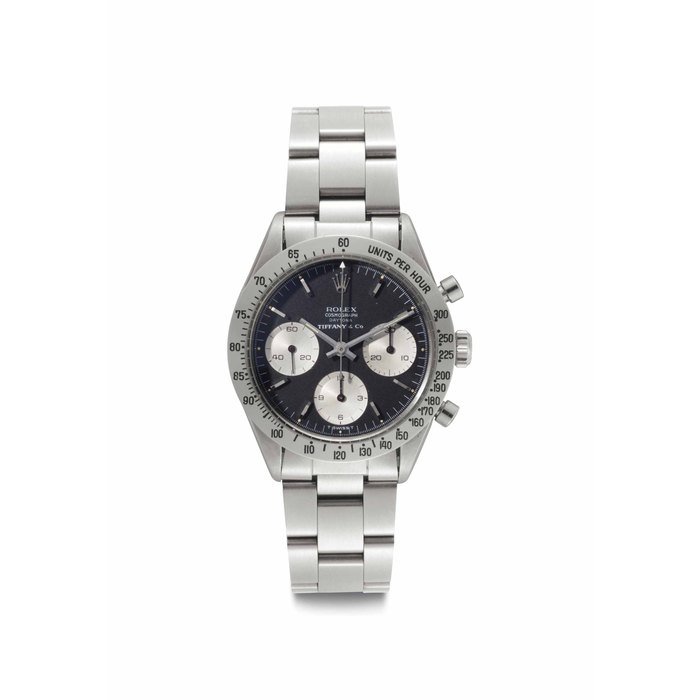 Rolex Rolex. A Very Rare and Attractive Stainless Steel Chronograph Wristwatch with Black Dial Signed Rolex, Cosmograph, Daytona, Retailed by Tiffany & Co., Ref. 6239, Case No. 1'475'609, Circa 1966 · 6239