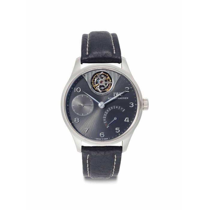 IWC. A Fine and Rare 18k White Gold Limited Edition Automatic Tourbillon Wristwatch with 7-Days Power Reserve Signed IWC, Schauffhausen, Portuguese Tourbillon Mystère Model, No. 179/250, Movement No. 2966886, Case No. 3247969, Circa 2005