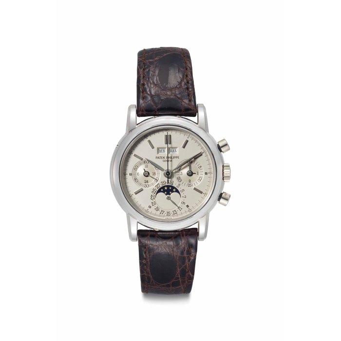Patek Philippe. An Extremely Rare and Attractive 18k White Gold Perpetual Calendar Chronograph Wristwatch with Moon Phases Signed Patek Philippe, Genève, Ref. 3970EG, Second Series, Movement No. 875'376, Case No. 2'856'518, Manufactured in 1989