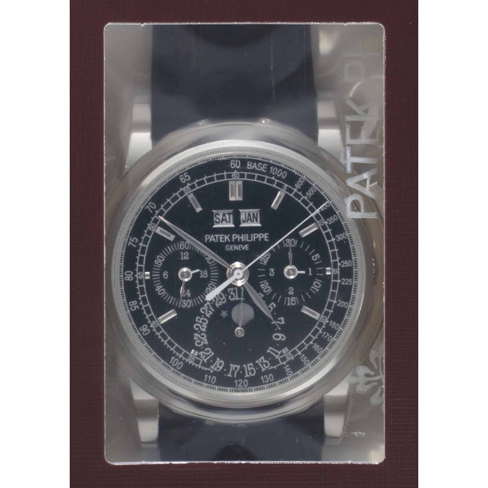 Patek Philippe. A Fine, Large and Rare Double Sealed Platinum Perpetual Calendar Chronograph Wristwatch with Moon Phases and Additional Solid Caseback Signed Patek Philippe, Genève, Ref. 5970P, Movement No. 3'931'386, Case No. 4'490'865, Manufactured in 2009