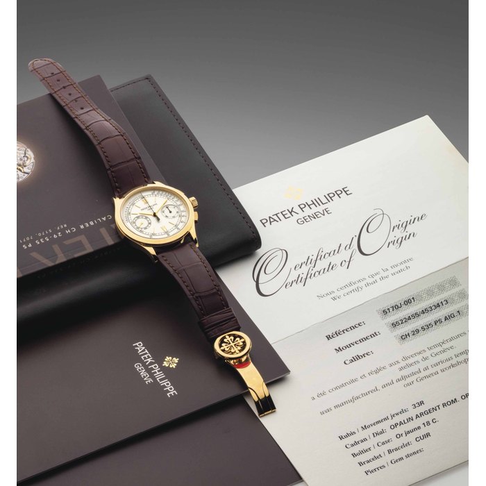 Patek Philippe. A Fine and Large 18k Gold Chronograph Wristwatch with Pulsation Scale Signed Patek Philippe, Genève, Ref. 5170J, Movement No. 5'522'455, Case No. 4533413, Manufactured in 2011