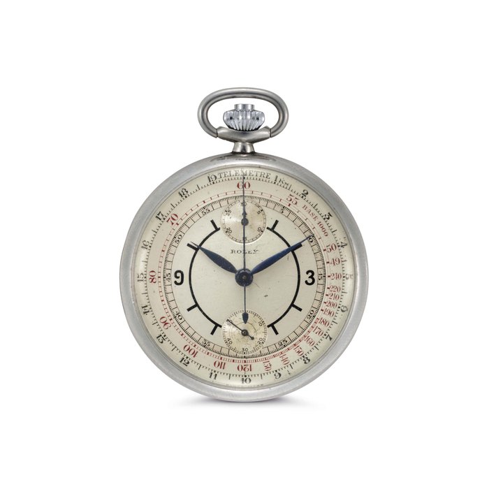 Rolex. A Stainless Steel Openface Single Button Chronograph Pocket Watch with Sector Dial Signed Rolex, Ref. 28D1, Movement No. 1223, Case No. 25'688, Circa 1940