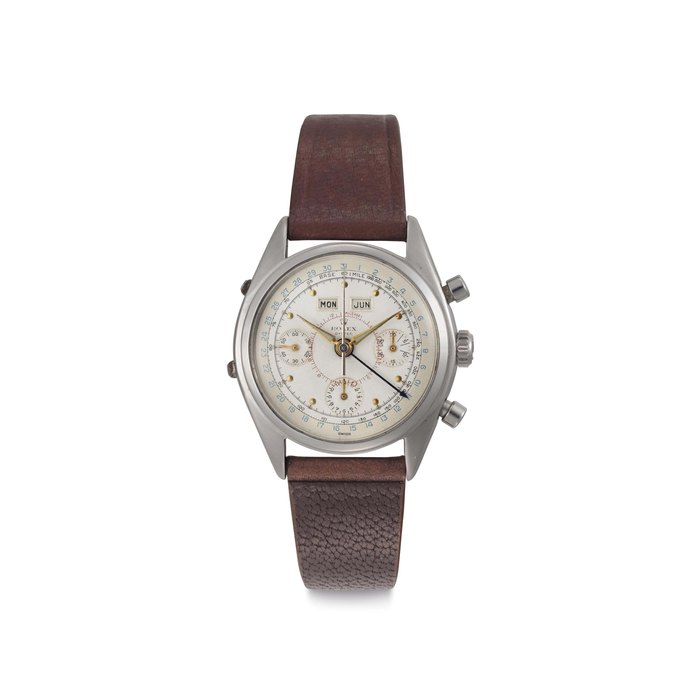 Rolex. A Stainless Steel Triple Calendar Chronograph Wristwatch Signed Rolex, Oyster, Ref. 6036, Case No. 943'970, Circa 1954