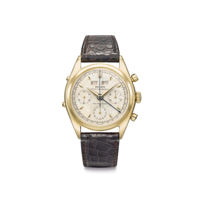 Rolex. A Rare 18k Gold Triple Calendar Chronograph Wristwatch Signed Rolex, Oyster Chronographe, Anti-Magnetique, Ref. 6036, Circa 1955