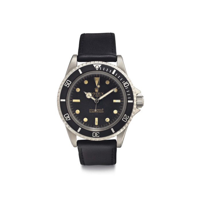 Rolex. A Stainless Steel Automatic Wristwatch with Sweep Center Seconds, Underline Black Lacquer Dial, and Pointed Crown Guards Signed Rolex, Oyster Perpetual, 200m=660ft, Submariner, Ref. 5513, Case No. 892235, Circa 1964