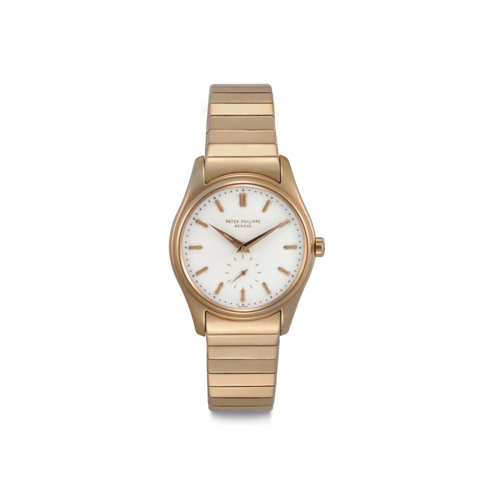 Patek Philippe. A Fine 18k Pink Gold Automatic Wristwatch with Enamel Dial and Bracelet Signed Patek Philippe, Genève, Ref. 2526, Movement No. 763'004, Case No. 694'868, Manufactured in 1956