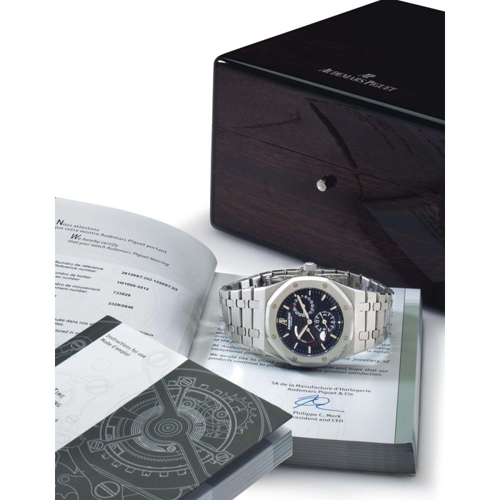 Audemars Piguet. A Stainless Steel Automatic Dual Time Wristwatch with Date, Power Reserve Indication, Day/Night Indication and Bracelet Signed Audemars Piguet, Royal Oak Model, No. 2512, Ref. 26120, Movement No. 723829, Case No. H01055, Circa 2010