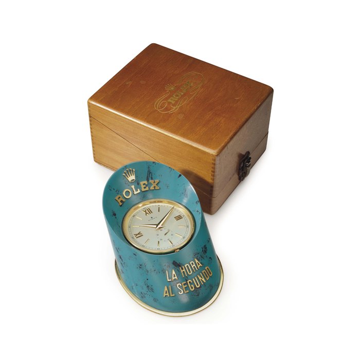 Rolex. A Gilt Brass and Painted Hoof-shaped Desk Clock with Stop Feature and Original Wooden Presentation Box Signed Rolex, No.1300, Circa 1960