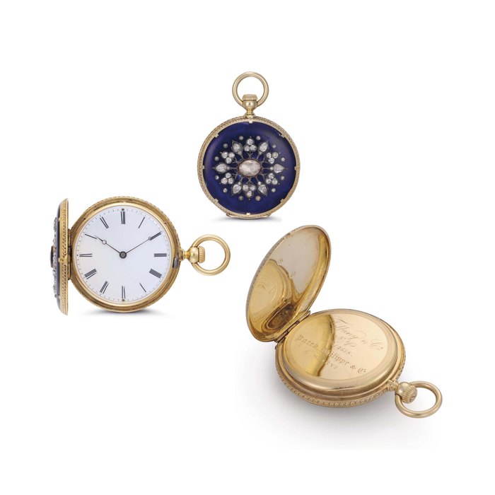 Patek Philippe. An 18k Gold, Enamel and Diamond-set Hunter Case Pocket Watch Signed Patek Philippe & Co, Genève, retailed by Tiffany & Co. Movement & Case No. 13'518, Manufactured in 1858