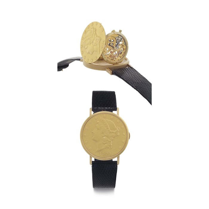 Vacheron Constantin. An 18k Gold Twenty Dollar Coin Skeletonized Wristwatch Signed Vacheron Constantin, Geneve, Ref. 33059, Movement No. 711’222, Case No. 558’687, Manufactured in 1982