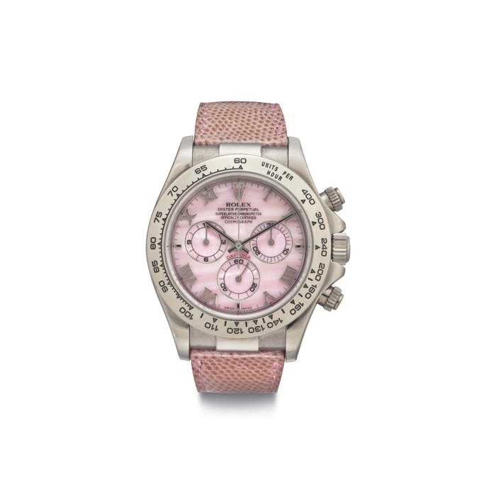 Rolex. An 18k White Gold and Mother of Pearl Automatic Chronograph Wristwatch Signed Rolex, Oyster Perpetual, Superlative Chronometer, Officially Certified, Cosmograph, Daytona, Ref. 116519, Case No. PS16158, Circa 2000