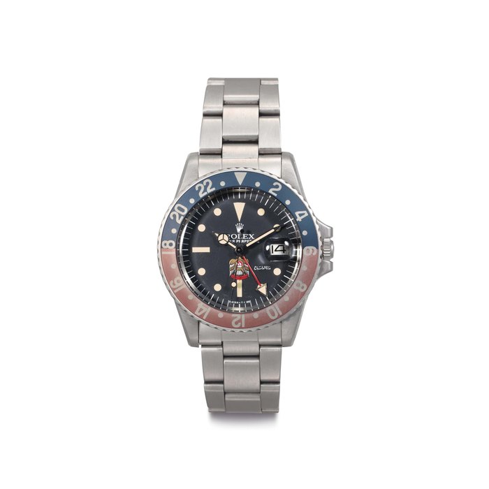 Rolex. A Very Fine and Rare Stainless Steel Automatic Dual Time Wristwatch with Center Seconds, Date and Bracelet Signed Rolex, Oyster Perpetual, GMT-Master, Ref. 1675, Case No. 3'167'631, Circa 1974