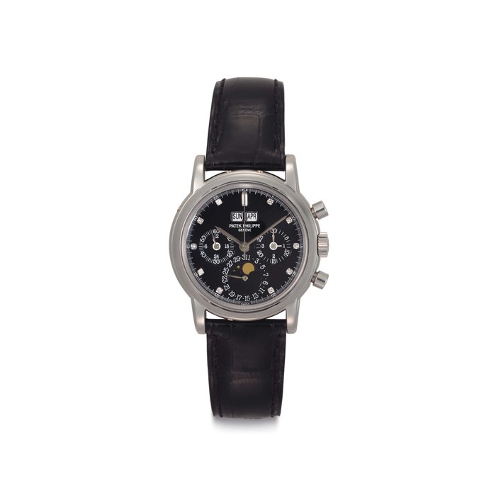 Patek Philippe. A Very Fine and Rare Platinum and Diamond-set Perpetual Calendar Chronograph Wristwatch with Moon Phases and Additional Solid Caseback Signed Patek Philippe, Genève, Ref. 3970E, Movement No. 3'045'508, Case No. 2'994'045, Manufactured in 1996