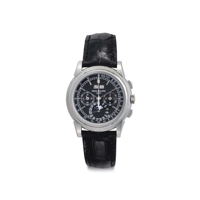 Patek Philippe. A Fine and Rare Platinum Perpetual Calendar Chronograph Wristwatch with Moon Phases and Additional Solid Caseback Signed Patek Philippe, Genève, Ref. 5970P, Movement No. 3'931'384, Case No. 4'503'615, Circa 2009