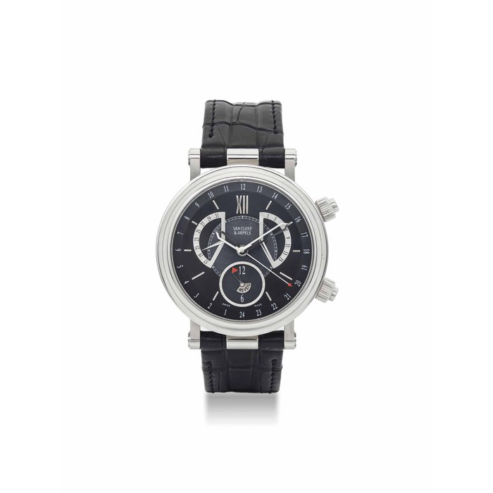 Van Cleef & Arpels VAN CLEEF & ARPELS. AN UNUSUAL STAINLESS STEEL AUTOMATIC DUAL TIME WRISTWATCH WITH RETROGRADE DATE AND ALARM, Price & Market Data