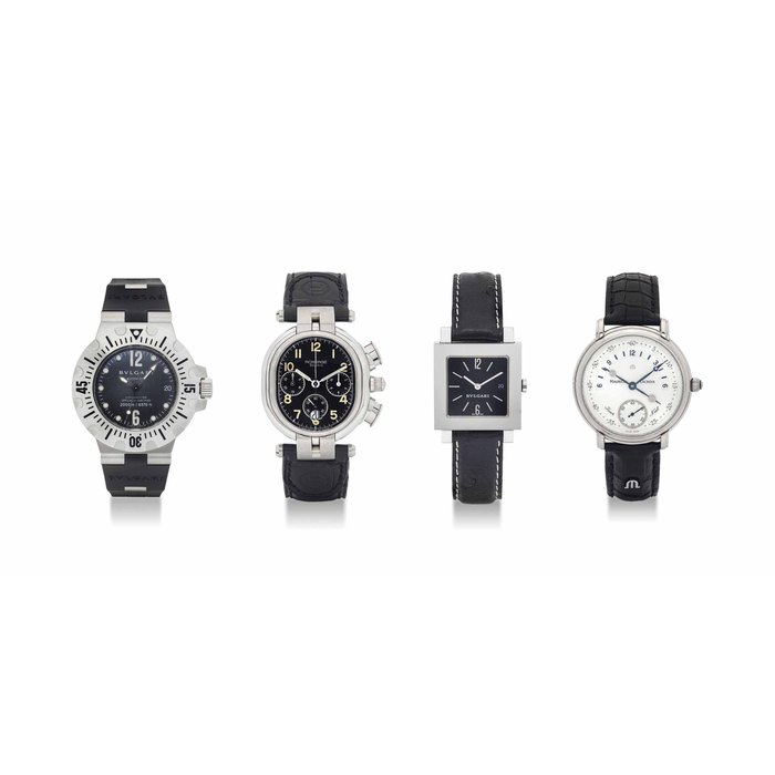 GROUP OF 4 WRISTWATCHES WATCHES COMPRISING OF: STAINLESS STEEL QUARTZ CHRONOGRAPH WRISTWATCH WITH DATE SIGNED ROBERG, GENEVE, ANDROMEDA II MODEL, REF.10113200, CASE NO. 00229 48mm. length A STAINLESS STEEL AND RUBBER AUTOMATIC DIVERS WRISTWATCH WITH DATE AND UNI-DIRECTIONAL BEZEL SIGNED BVLGARI, CHRONOMETER OFFICIALLY CERTIFIED, DIAGONO SCUBA MODEL, REF. SD42S, CASE NO. D0735 42mm. diam. A STAINLESS STEEL QUARTZ SQUARE WRISTWATCH WITH DATE SIGNED BVLGARI, QUADRATO MODEL, REF. SD29SLD, CASE NO.D2