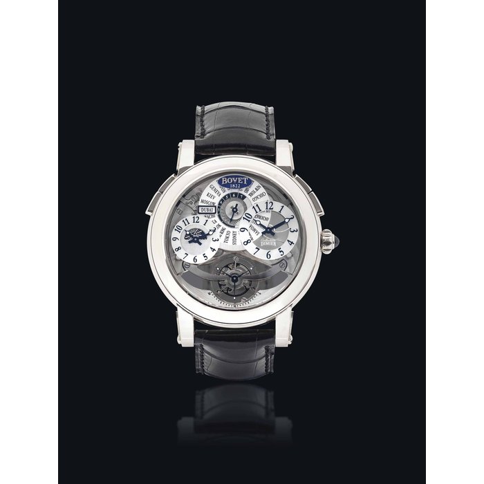 BOVET. A FINE AND LARGE 18K WHITE GOLD SEMI-SKELETONISED DUAL TIME AND TOURBILLON WRISTWATCH WITH 7-DAY POWER RESERVE AND DAY AND NIGHT INDICATOR