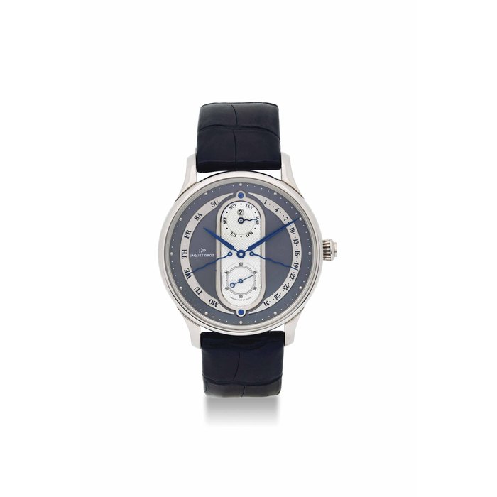 JAQUET DROZ. A RARE 18K WHITE GOLD AUTOMATIC BI-RETROGRADE PERPETUAL CALENDAR WRISTWATCH