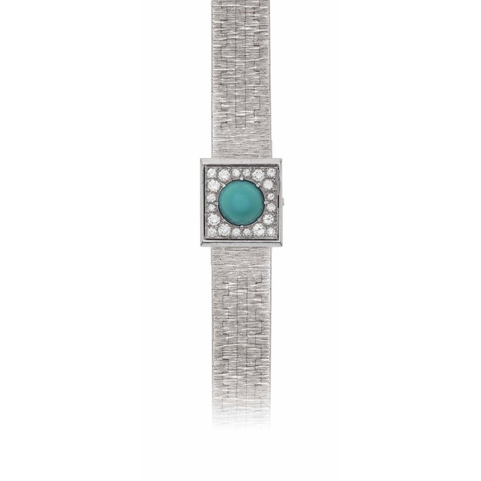 PIAGET. A LADY'S 18K WHITE GOLD AND DIAMOND-SET SQUARE BRACELET WATCH, RETAILED BY ASPREY SIGNED PIAGET, MOVEMENT NOS. 663640, CASE NO. 1019A6 AND 118188, CIRCA 1970