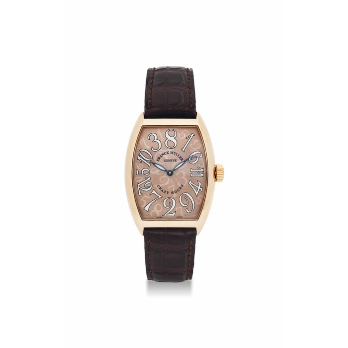 FRANCK MULLER. AN UNUSUAL 18K PINK GOLD TONNEAU-SHAPED AUTOMATIC WRISTWATCH WITH JUMPING HANDS AND CRAZY HOUR DIAL