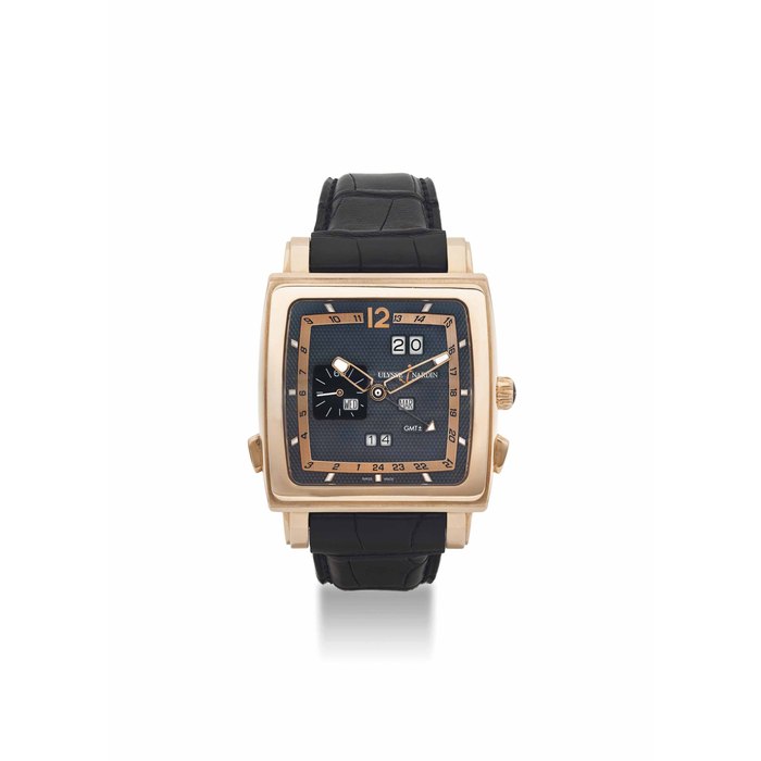 ULYSSE NARDIN. A FINE 18K PINK GOLD AUTOMATIC PERPETUAL CALENDAR DUAL TIME WRISTWATCH Ref. 320-90