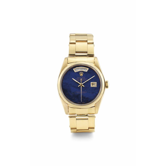 ROLEX. AN 18K GOLD AUTOMATIC WRISTWATCH WITH SWEEP CENTRE SECONDS, DAY, DATE, BRACELET AND LAPIS LAZULI DIAL SIGNED ROLEX, OYSTER PERPETUAL DAY-DATE, REF. 18038, CASE NO. 5385785, CIRCA 1977