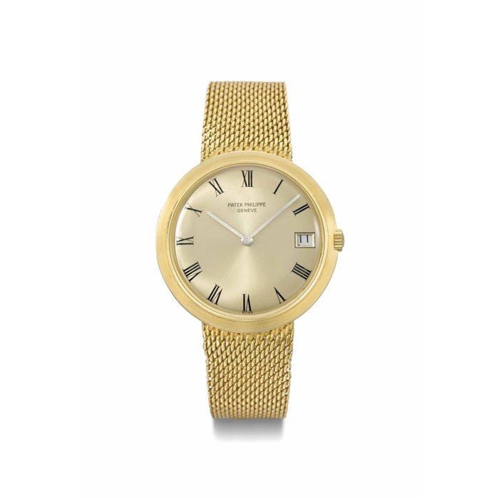 PATEK PHILIPPE. A FINE AND RARE 18K GOLD AUTOMATIC WRISTWATCH WITH DATE AND BRACELET SIGNED PATEK PHILIPPE, GENÈVE, REF. 3565/1, MOVEMENT NO. 1'128'008, CASE NO. 2'673'877, MANUFACTURED IN 1968