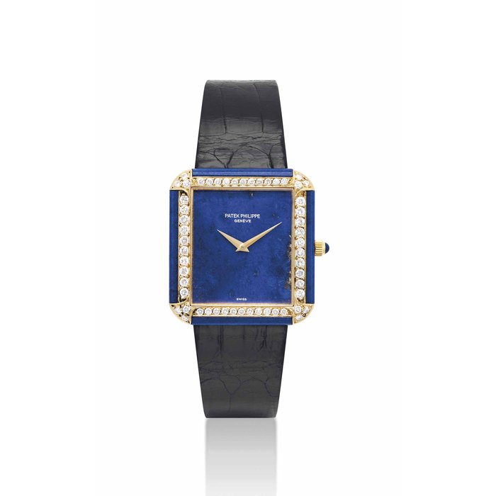 PATEK PHILIPPE. A FINE AND RARE 18K GOLD, LAPIS LAZULI AND DIAMOND-SET RECTANGULAR WRISTWATCH SIGNED PATEK PHILIPPE, GENEVE, REF. 3727, MOVEMENT NO. 1'278'154, CASE NO. 2'765'523, MANUFACTURED IN 1977