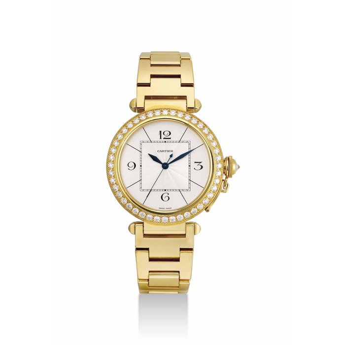 Cartier CARTIER. A LARGE AND FINE 18K GOLD AND DIAMOND-SET AUTOMATIC WRISTWATCH WITH SWEEP CENTRE SECONDS AND BRACELET SIGNED CARTIER, PASHA MODEL, REF. 2005, CASE NO. 91611CE, CIRCA 2010