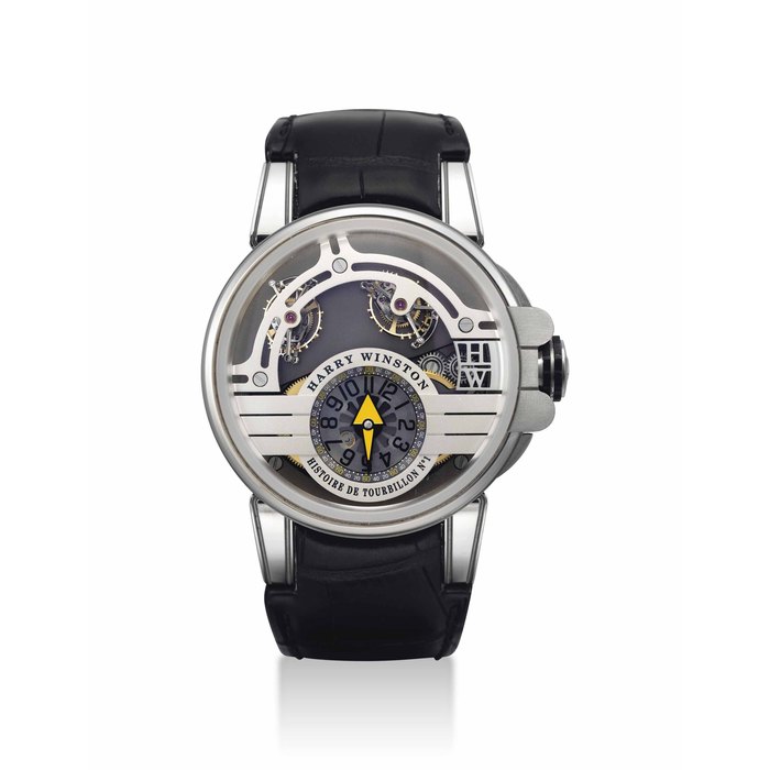 HARRY WINSTON. A LARGE, VERY RARE AND IMPORTANT 18K WHITE GOLD AND ZALIUM LIMITED EDITION SEMI-SKELETONISED DOUBLE TOURBILLON WRISTWATCH SIGNED HARRY WINSTON, HISTOIRE DE TOURBILLON N°1 MODEL, REF. HCOMDT48WZ001, NO. 02/20, CASE NO. 036'812, CIRCA 2009