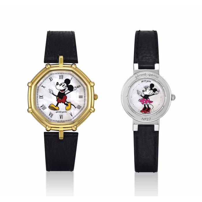 GERALD GENTA. AN 18K GOLD WRISTWATCH AND A LADY'S STAINLESS STEEL WRISTWATCH WITH MOTHER-OF-PEARL DIAL SIGNED GERALD GENTA, FANTASY DISNEY MODEL, REFS G.3260.7, G. 3338.7 AND CASE NOS. 56'269, 63'905 NO. 27, CIRCA 1990