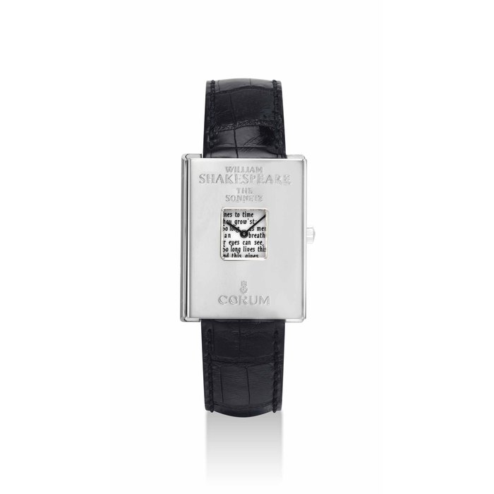 CORUM. A RARE 18K WHITE GOLD LIMITED EDITION BOOK-FORM WRISTWATCH SIGNED CORUM, WILLIAM SHAKESPEARE, THE SONNETS, GOLDEN BOOK MODEL, NO. 16/50, REF. 56.384.59, CASE NO. 592'713, CIRCA 1996