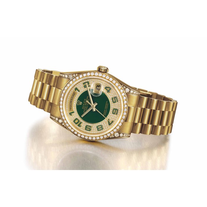 ROLEX. A FINE 18K GOLD AND DIAMOND-SET AUTOMATIC WRISTWATCH WITH SWEEP CENTRE SECONDS, DAY, DATE, BRACELET AND GREEN LACQUER DIAL SIGNED ROLEX, OYSTER PERPETUAL, DAY-DATE, REF. 118388, CASE NO. K596962, CIRCA 2001