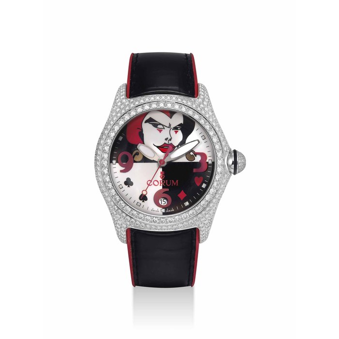 CORUM. AN 18K WHITE GOLD AND DIAMOND-SET LIMITED EDITION AUTOMATIC WRISTWATCH WITH SWEEP CENTRE SECONDS AND DATE SIGNED CORUM, THE COLLECTOR'S SERIES, BUBBLE JOKER MODEL, NO. 00/10, REF. 82.243.69, CASE NO. 674'858, CIRCA 2000
