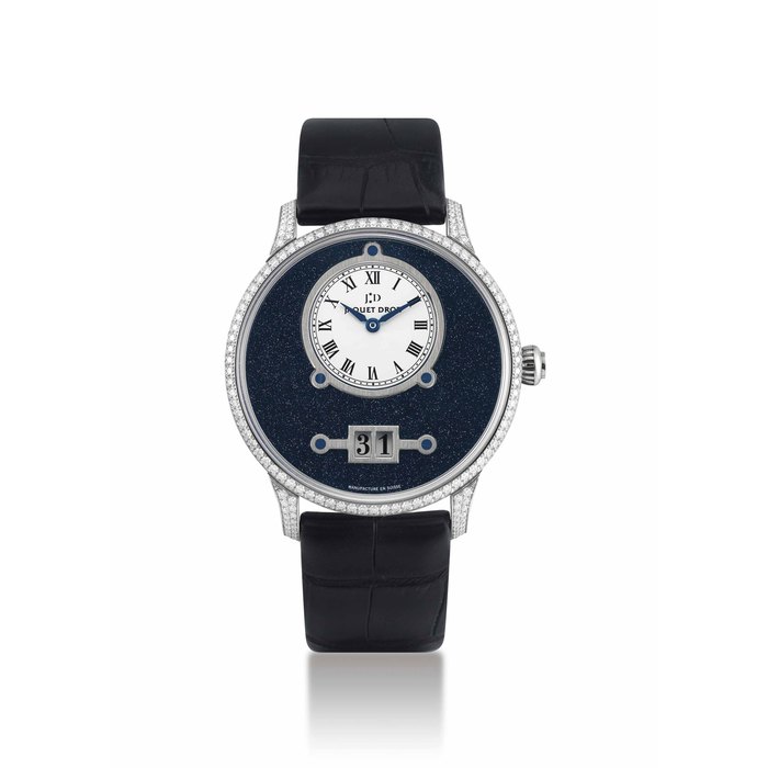 JAQUET DROZ. A FINE AND UNIQUE 18K WHITE GOLD AUTOMATIC WRISTWATCH WITH DATE AND BLUE AVENTURINE DIAL SIGNED JAQUET DROZ, GRANDE DATE MODEL, NO. 1/1, CIRCA 2010