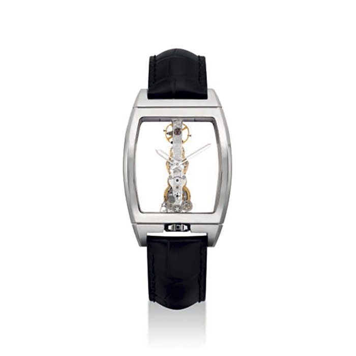CORUM. A FINE 18K WHITE GOLD SKELETONIZED TONNEAU-SHAPED WRISTWATCH WITH LINEAR MOVEMENT SIGNED CORUM, GOLDEN BRIDGE MODEL, REF. 113.160.59, CASE NO. 2'287'061, CIRCA 2010