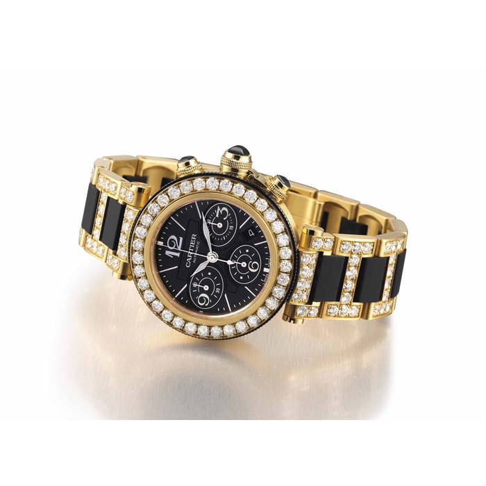 CARTIER. A FINE 18K GOLD AND DIAMOND-SET AUTOMATIC CHRONOGRAPH WRISTWATCH WITH DATE AND BRACELET SIGNED CARTIER, PASHA SEATIMER CHRONOGRAPH MODEL, CASE NO. 112970MX. CIRCA 2007
