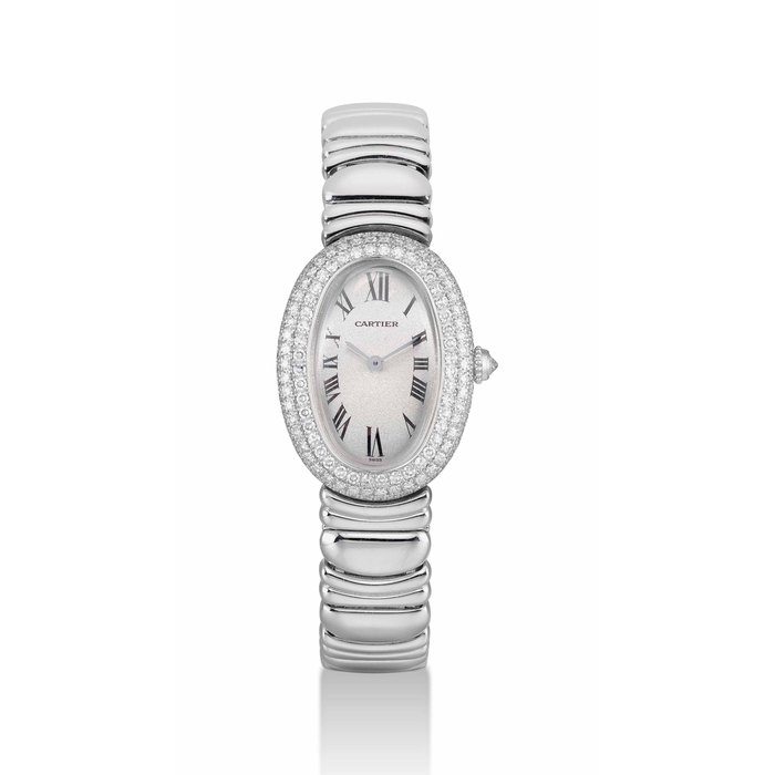 CARTIER. A LADY'S FINE 18K WHITE GOLD AND DIAMOND-SET OVAL WRISTWATCH WITH BRACELET SIGNED CARTIER, BAIGNOIRE MODEL, REF. 1951 1, CASE NO. C68283, CIRCA 2000