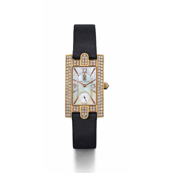HARRY WINSTON. A LADY'S 18K GOLD AND DIAMOND-SET RECTANGULAR WRISTWATCH WITH MOTHER-OF-PEARL DIAL SIGNED HARRY WINSTON, AVENUE MODEL, NO. 129, REF. 310LQR, CASE NO. 003'662, CIRCA 2005