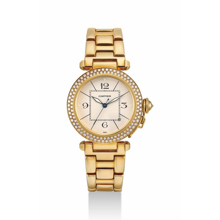 CARTIER. A FINE 18K GOLD AND DIAMOND-SET AUTOMATIC WRISTWATCH WITH SWEEP CENTRE SECONDS, DATE AND BRACELET SIGNED CARTIER, AUTOMATIC, PASHA MODEL, REF. 1017, CASE NO. CC81719, CIRCA 2010